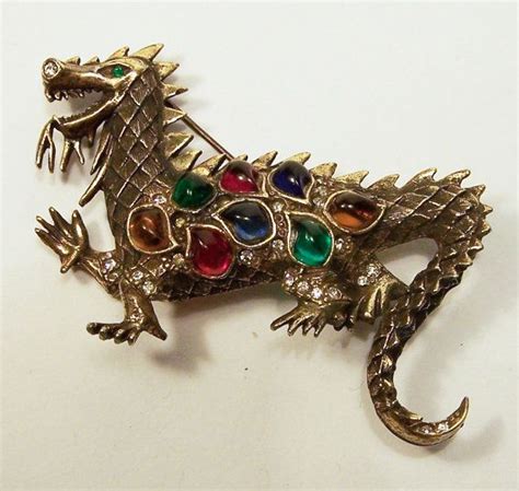 Vintage Rhinestone Glass Cabochon Dragon Pin Figural Gold Tone Etsy