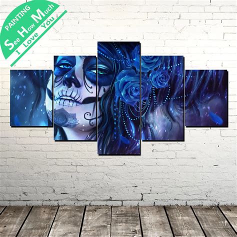 5 Piece Blue Sugar Skull Modern Artwork Wall Art Canvas Poster And