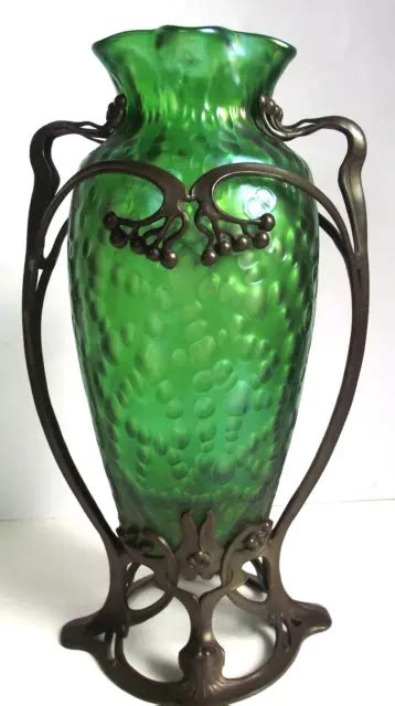 Antique Loetz 15and Green Iridescent Art Nouveau Glass Vase Bronze Leaf Stand 1900 995 00 Picclick