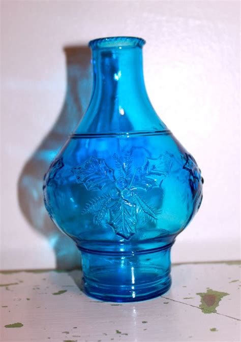 Vintage Blue Wheaton Glass Vase Holly Christmas 1960s