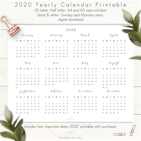 2020 Yearly Calendar Printable Landscape 2020 Calendar Us Etsy
