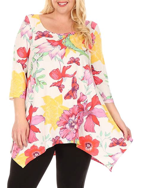 White Mark Womens Plus Size Floral Scoop Neck Tunic Top