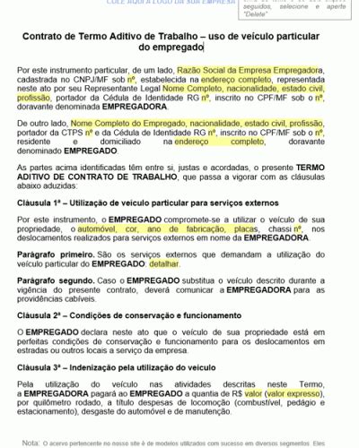 Modelo de Termo de Contrato Aditivo de Trabalho uso de veículo particular do empregado