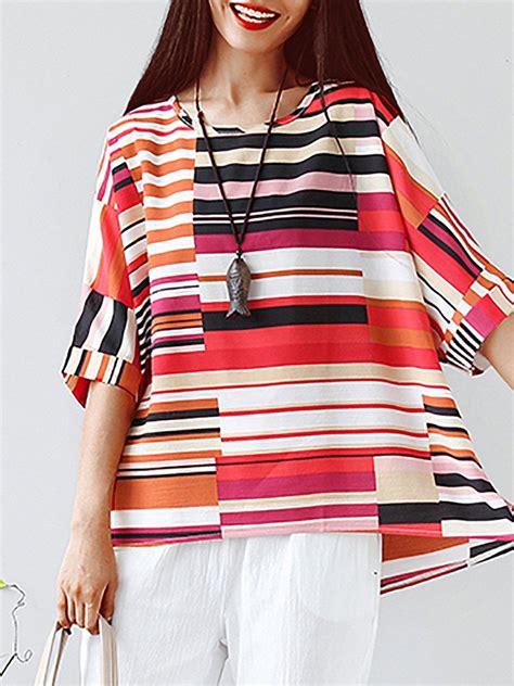 plus size cotton and linen striped loose half sleeve casual top casual tops linen shirt