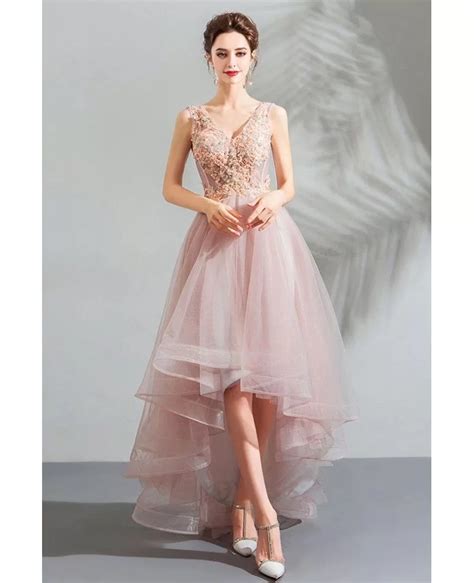 Poofy Pink Tulle V Neck Prom Party Dress High Low With Appliques
