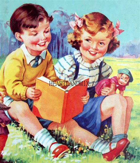 Retro Children Reading Book Illustration Digital Image Etsy