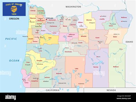 Política Y Administrativa De Oregon Mapa De Vectores Con Bandera Imagen