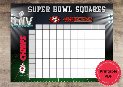Printable Super Bowl 50 Squares Game Instant Download 49ers Vs Chiefs