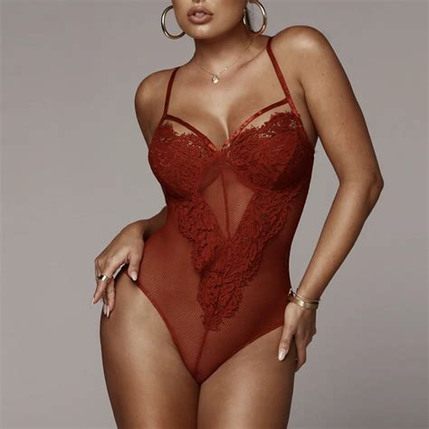 Pholeey Sexy Women Body Suit Lace Red Black Bodysuits Deep V Neck Backless Corset Push Up Bra