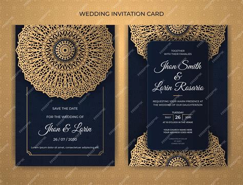 royal blue wedding invitation card design with golden and pattern download on freepik