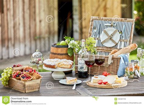 Tasty Summer Picnic Al Fresco On A Garden Table Stock Image Image Of
