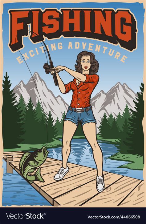 Vintage Poster With A Pin Up Girl On A Fishing Vector Image