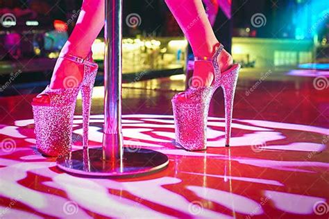 Young Woman Pole Dancing Striptease With Pylon In Night Club Beautiful Stripper Girl On Stage