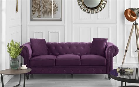 Classic Chesterfield Couch In Velvet Scroll Arm Tufted Button Sofa