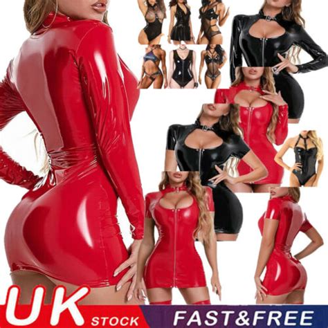 Sexy Women Wet Look Pvc Bodysuit Mini Dress Bodycon Skirts Cosplay Lingerie Uk Ebay