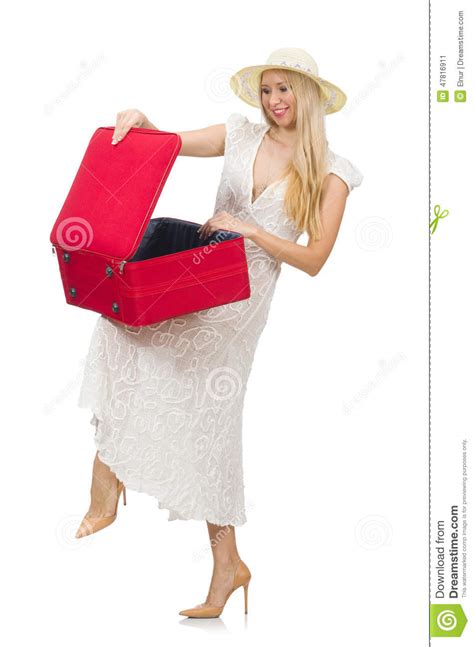 Woman With Red Suitcase Isolated Stock Image Image Of Adventure