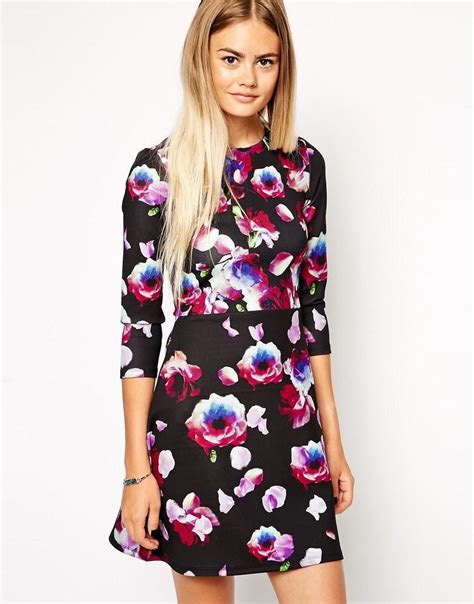 Asos A Line Scuba Dress With Long Sleeves In Petal Floral Dress