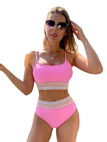 shein women s 2 piece color block bikini set wireless swimsuit high waist bathing suit pink