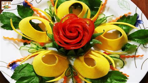 Elegant Garnish Of Bell Pepper And Tomato Rose Flowers With Pumpkin