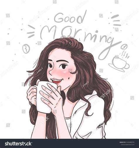 Girl Drinks Coffee Morning Cartoon Artwork ภาพประกอบสต็อก 1639080376