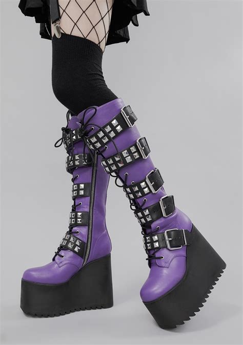 Widow Studded Buckle Knee High Platform Boots Purpleblack Dolls Kill