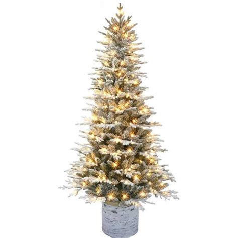 Puleo International 6 Ft Pre Lit Potted Flocked Arctic Fir Christmas