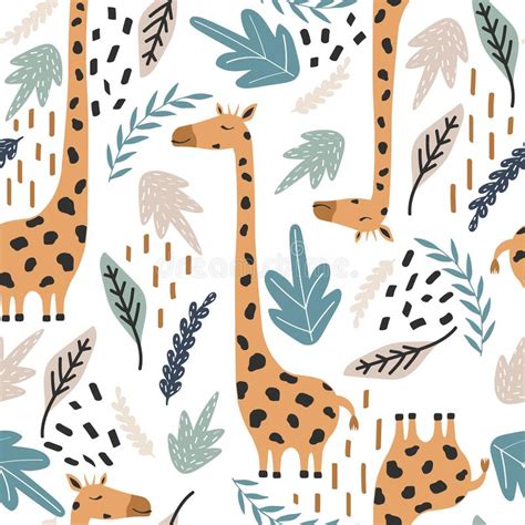 Colorful Seamless Pattern With Happy Giraffes Leaves Decorative Cute