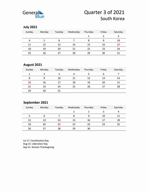 Q3 2021 Quarterly Calendar With South Korea Holidays