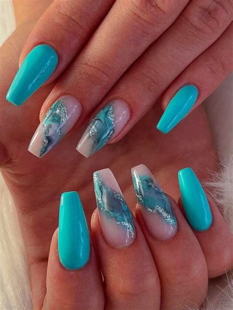 Long Coffin Shaped Turquoise Nails With Marble Effect Turquoise