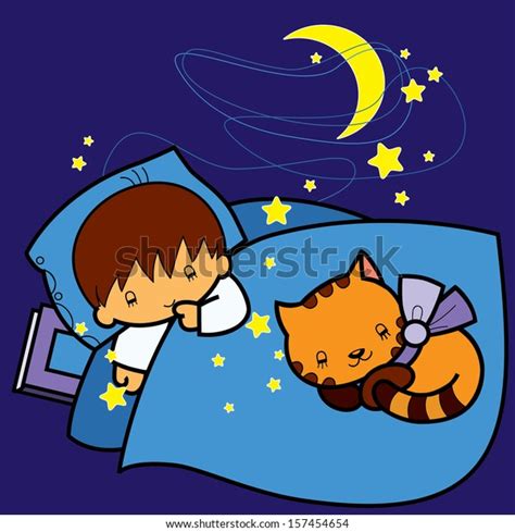 Cartoon Boy Cat Sleeping Bed Night Stock Vector Royalty Free