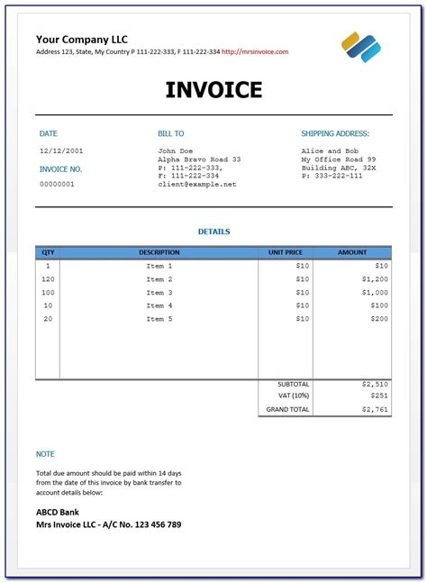 Word Invoice Templates Free Download Doctemplates