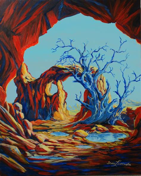Blue Tree Landscape Arches Surreal Original Oil Painting On Stretch