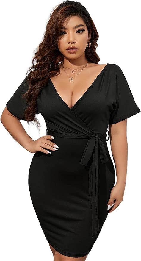Hobibear Plus Size Dress For Women Short Sleeve Deep V Neck Midi Bodycon Dress With Belted At