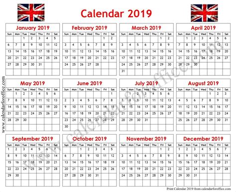 2019 Calendar Uk Printable 2019 Calendar Yearly Calendar Unique