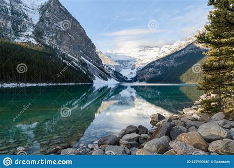 Morning Winter View Of Lake Louise With Rocky Mountain Reflection In