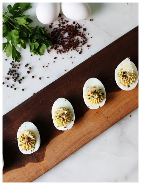 Deviled eggs this easy recipe for deviled eggs is perfect for a side dish, snack, or even an easy appetizer to bring to a party. Fancy little devils: Carbonara Deviled Eggs — A Small Stove