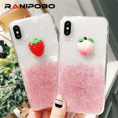 Lovely Bling 3d Fruit Quicksand Glitter Peach Strawberry Phone Case For
