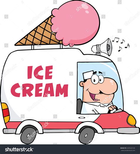 Happy Ice Cream Man Driving Truck. Vector Illustration Isolated On