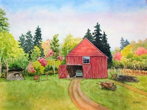 Red Barn Watercolor Original Fall Scene Country Landscape Etsy