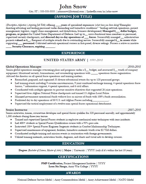 Military And Veteran Resume Template Fill In The Blank Career