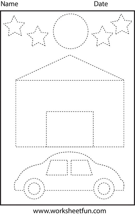 House, car, moon & stars tracing worksheet | Atividades de coordenação