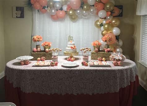 Whether you're going all in on balloons, picking an exotic theme, or making your own diaper cake at home, there's a way to make every baby shower look as beautiful as ever — and you don't have to spend a fortune to. Peach themed baby shower decoration. | Baby shower ...