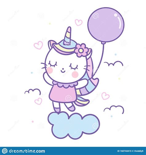 Beautiful Unicorn Cat Cartoon Kawaii Animals Vector Holding Balloon On