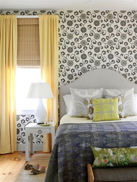 Transitional Bedroom With Black And White Wallpaper And Yellow Accents