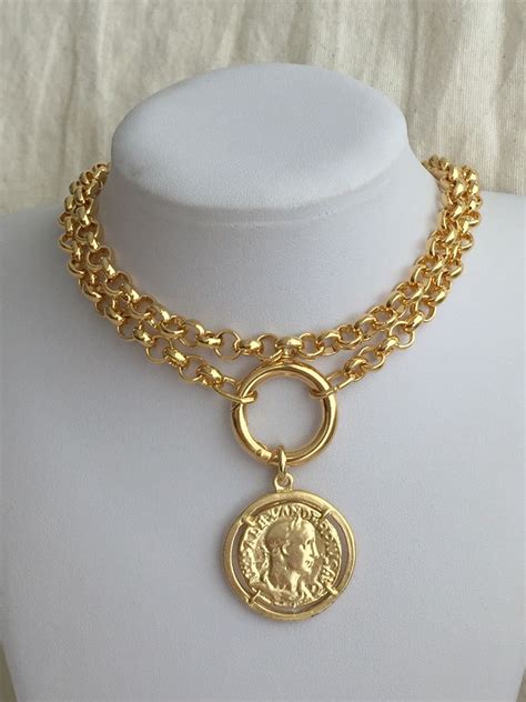 Chunky Gold Medallion Necklace Gold Coin Necklace Large Coin Etsy
