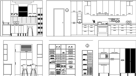Four Different Views Of The Kitchen In Black And White With Various Shelves On Each Side