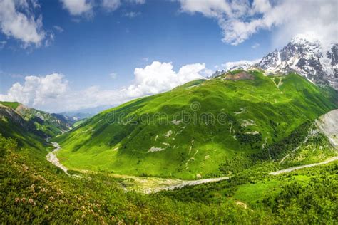 Beautiful Green Mountain Valley Scenic Grassy Mountains Summer Day In