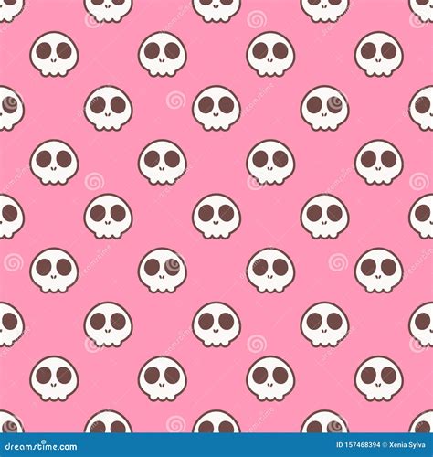 Seamless Halloween Pattern With Cute Skulls On Pink Background Stock