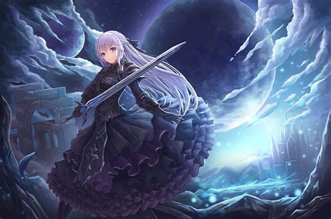Anime Girl Gothic Black Dress Sword Moon Fantasy World Silver
