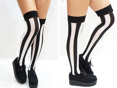 bandw vertical striped pastel goth thigh high stockings · sandysshop · online store powered by